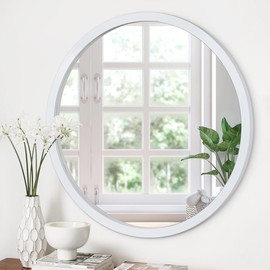 JJUUYOU Circle Wall Mirror 20 Inch for Home Decor White Round Mirror for Bathroom Wall Mounted Wood Frame Mirror for Living Room, Bedroom, Washroom, Dorm
