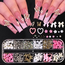 12 Grids Multi Shape Nail Charms Pearl Flat Back Alloy Gold Silver Butterfly Nail Art Charms Pointed Bottom Rhinestones Nail Jewelry Pink White Flower Bow Nail Charms and Gems for Nail Crafts Jewelry