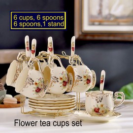 YOLIFE YOLIFE Flowering Shrubs Tea Cups and Saucers Set of 6, Ivory Ceramic Floral Tea Cups Set with Golden Rack, Coffee Cups, 8 oz