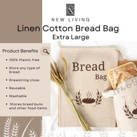 New Living Bread Bag Made of 100% Organic Linen, Extra Large Bread Bag, 1 x Reusable Bread Bag, Food Storage Bag, Bread Storage Bag, 44 x 35 cm, Eco Bread Bag
