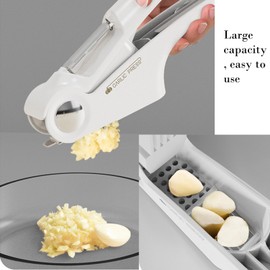 EAZHOP-Kitchen Garlic Press Kit - 4-in-1 Garlic Press Tool, Heavy Duty 4-Function Garlic Crusher with Garlic Cleaning Tool, Easy to Squeeze, Easy to Clean, Peelable, Can Opener (White)