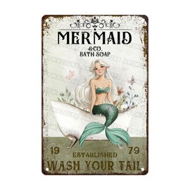 ARTWALLURE Mermaid Bathroom Decor Tin Sign Metal Wall Art for Seaside Bath & Shower Waterproof 8x12 Inch