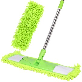 Dust Mop for Floor Cleaning with 2 Washable Chenille Pads and Extendable 55” Long Handle, Dry Wet Flat Mop with Scouring Pad for Hardwood, Laminate, Tile, Marble ，Green