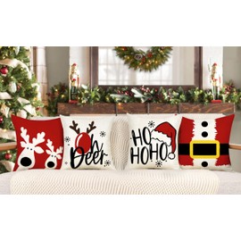 4TH Emotion Red Christmas Pillow Covers 18x18 Set of 4 Farmhouse Xmas Decorations Oh Deer Ho Ho Ho Santa Winter Holiday Decor Throw Cushion Case for Home Couch S24C23