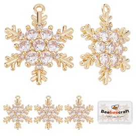 Beebeecraft 10Pcs 18K Gold Plated Snowflake Charms Cubic Zirconia Winter Christmas Charm Pendants for Crafting Bracelet Necklace Jewelry Making