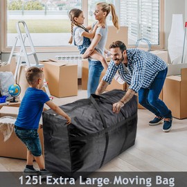 3 Pack 125L Large Clothes Storage Bag, Black Moving Boxes with Dual Zips, Extra Strong 600D Oxford Waterproof Moving Storage Bags for Duvet, Laundry, House Garden Underbed Storage