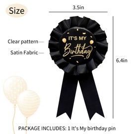 YHEZXUN It's My Birthday Tinplate Badge Pin, Black Satin Fabric Women and Men Birthday Themed Button Pin Party Decorations Award Ribbon Badge