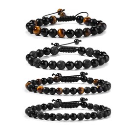 Black Beaded Bracelets for Men Boys: 6mm/8mm Black Onyx Tiger Eye Lava Beads Mens Bracelet Set Mens Jewelry - Cool Anniversary Valentines Fathers Birthday Gifts for Him Boyfriend Husband Man Son Dad