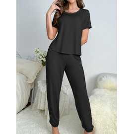 MAIABLEAU Women’s Pajama Set Short Sleeve Sleepwear Tops with Long Pants Casual Solid Color Loungewear Black L