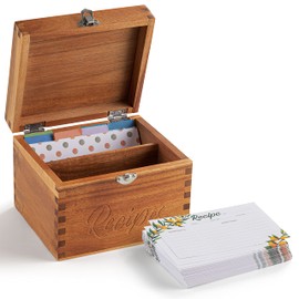 Tidita Acacia Wood Small Recipe Box with 100 Cards 4x6, 8 Dividers - Wooden Recipe Box Set Double Compartment Organizer Keeper with Thick Card Stock - Cards Holder Stand for Kitchen Counter