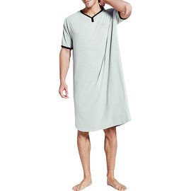 Maeau - Nightdress Men Cotton Nightie Summer Soft T-shirts Nightgown Casual Shirts Loose Pajamas Short Sleeves Loungewear Sleepwear - XL - Gray