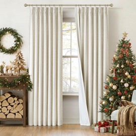 INOVADAY Pinch Pleated Curtains, Full Blackout Curtains for Bedroom, Linen Blended Pleated Blackout Curtain 90 inches 2 Panel Set for Living Room, Thermal Window Drapes with Hooks -Natural,W40 x L90