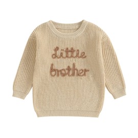 Zukmuk Baby Boys Big Brother Little Brother Matching Outfits Knit Sweater Sweatshirt Letter Embroidery Crewneck Long Sleeve Pullovers Baby Boy Warm Winter Clothes (Khaki Little, 12-18 Months)