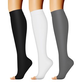 CHARMKING 3 Pairs Open Toe Compression Socks for Women & Men Circulation 15-20 mmHg is Best Support for All Day Wear, 03 Black/White/Grey, Small-Medium