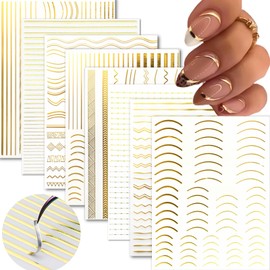 8 Sheets Gold Line Nail Stickers Decals 3D Self Adhesive Nail Decals French Nail Art Stickers for DIY Acrylic Nails Gold Wave Stripe Nail Supplies Accessories for Women and Girls