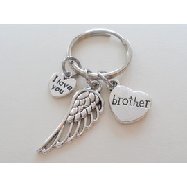 Memorial Keychain, Wing Charm and Heart Charm and I Love You Charm; My Guardian Angel Keychain (With Brother Heart)