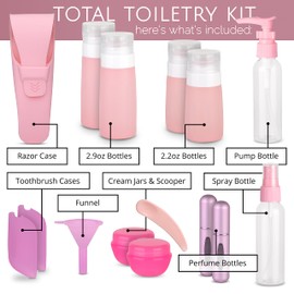 Travel Size Toiletry Bottles, Kit of 16-TSA Approved Toiletries Essentials for Flying - Must Haves for Women - Silicone Containers, Squeeze Bottles and Accessories for Shampoo, Conditioner, Liquids