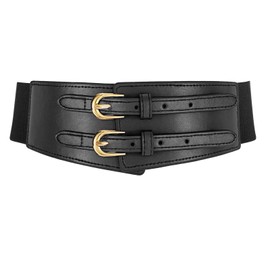 XZQTIVE Women's Wide Elastic Leather Belt for Dresses and Shirts, Stretchy Ladies Waist Belt with Double Gold Buckle, Black, 65cm