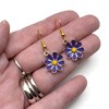 Daisy Flower Charm Earrings, Dark Purple Enamel Charm Beads on