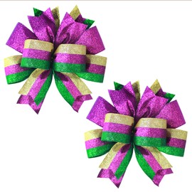 chmacura 2 Pieces Mardi Gras Wreath Bow 11 x 11 Inches Fat Tuesday Bows Glitter Stripes Ribbon Bow New Orleans Carnival Season Farmhouse Bow Tree Ornament for Home Front Door Decorations