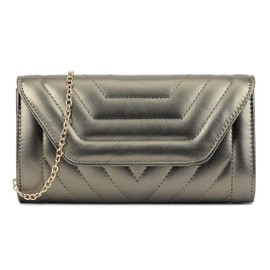 LeahWard Quilted Metallic Envelope Clutch Handbag with Chain Strap, Evening Clutch Bags, Wedding Clutch Bags (L Pewter)