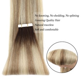 ABH AmazingBeauty Hair Semi-permanent Pre-taped Double Sided Rooted Highlight 18 Inch Remy Tape in Extensions Real Remy Human Hair Ash Brown-Beach Blonde with Dark Brown Root #R3-8-613 50G