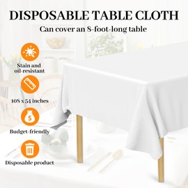 Bouiexye 4 Pack Disposable Table Cloth White Plastic Tablecloth 54 x 108 Inch Rectangular Tablecloths for Indoor Outdoor Party Birthdays Weddings Christmas Anniversary Buffet Table