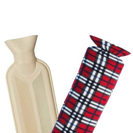 Extra Long 2L Hot Water Bottle with Soft Plush Fleece Cover for Soothing Comfort (76cm) (RED Tartan)