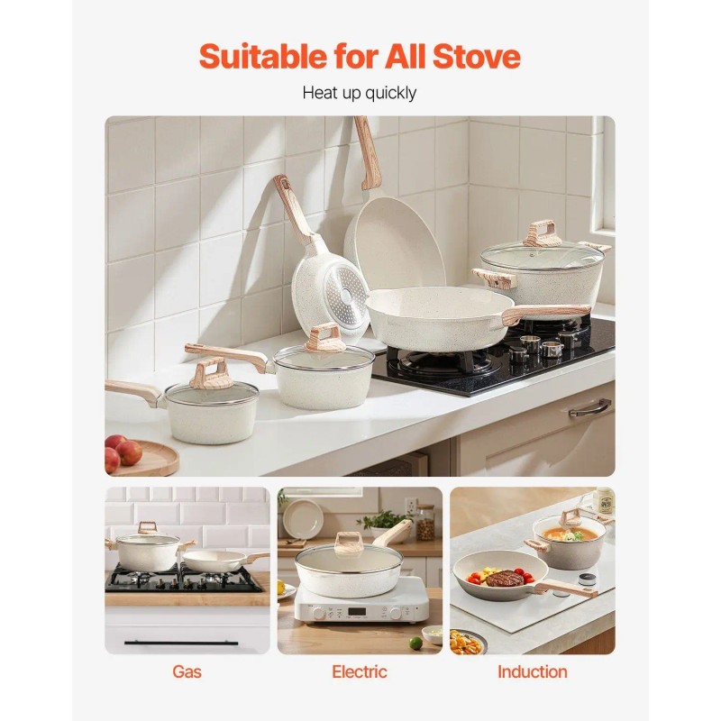 17-Piece White Granite Nonstick Induction Cookware Set Pots Pans for