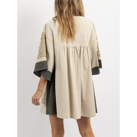 Joiemont Womens Embroidered Dress with V-Neck and 3/4 Sleeves Loose Fit Vintage Embroidery Babydoll Dress(0603-Olive-S)