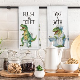 Zeuiwr Dinosaur Kids Hand Towels Set of 2, Funny Dino Flush The Toilet Take a Bath Decorative Hand Towel for Bathroom, Dinosaur Gifts for Boys Kids, Boys Toddler Bathroom Decor, 003-BH-MJ02-2