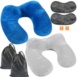 Inflatable Neck Pillow, Set of 2, Neck Pillow, Travel Pillow, Inflatable Compact Neck Pillow, Egornomic Headrest for Aeroplane, Trains and Cars, Portable Travel Pillow, with Blindfold Earplugs