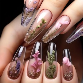 LOPMNGHT Press on Nails Ballet Shaped Long Length Colorful Seaweed Pattern Design Glossy Fake Nail Full Cover Reusable Artificial Stick on Nail 24Pcs Press Ons Fingernails Glue on Nails for Women