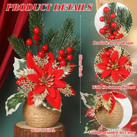 Zeyune Christmas Poinsettias Artificial Christmas Flowers Floral Red Table Top Pinecone Poinsettia and Holly Berries Silk Flower Arrangements in Decorative Pot Greenery Holiday Xmas Home Decor (2 Pcs)