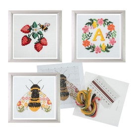 Trimits 3PK Cross Stitch Bundle – Counted Embroidery Kit, Beginner & All Level Starter Set, Complete with Instructions & Thread Children Wall Home DIY Décor – 13x13cm – Stawberries, Bee, Floral Reef