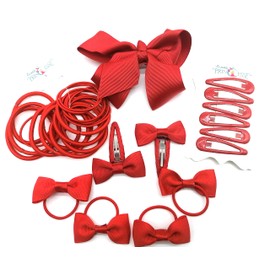 Red hair accessories 35 Pieces Hair Accessory School Ribbon Style Bow Bobbles Hair Clips Bows and Elastics Bands (Red)