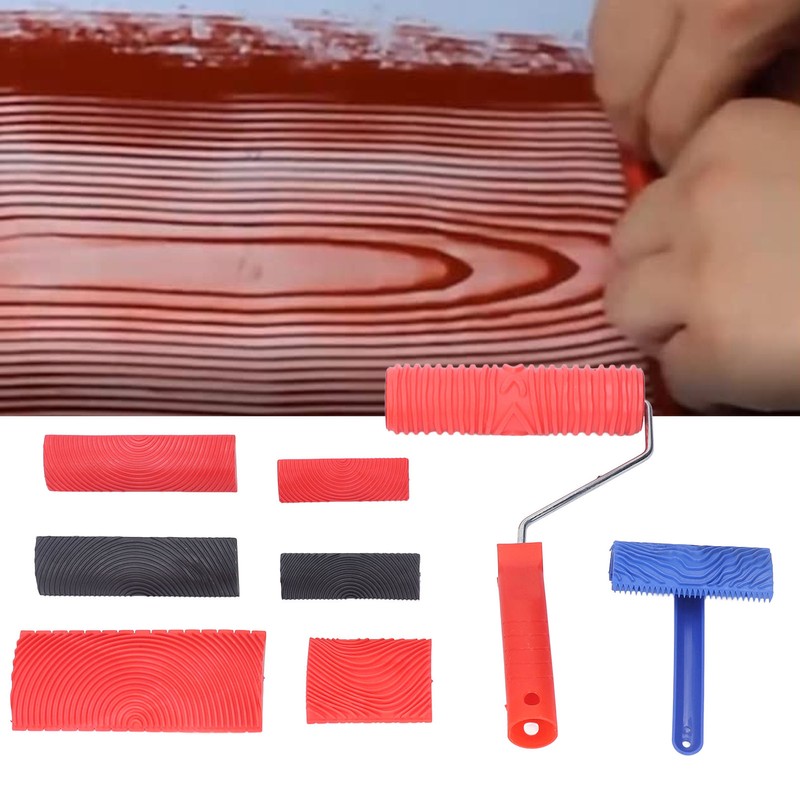 Wood Graining Roller with Handle Rubber Wood Pattern Texture Painting
