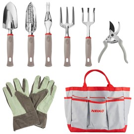 Neiko 61090A Heavy Duty 8 Piece Gardening Tool Set | Premium Storage Tote Bag | Ergonomic Soft-Grip Handle | Unisex for Men and Women | Shovel, Trowel, Transplanter, Rake, Pruners, Gloves and More