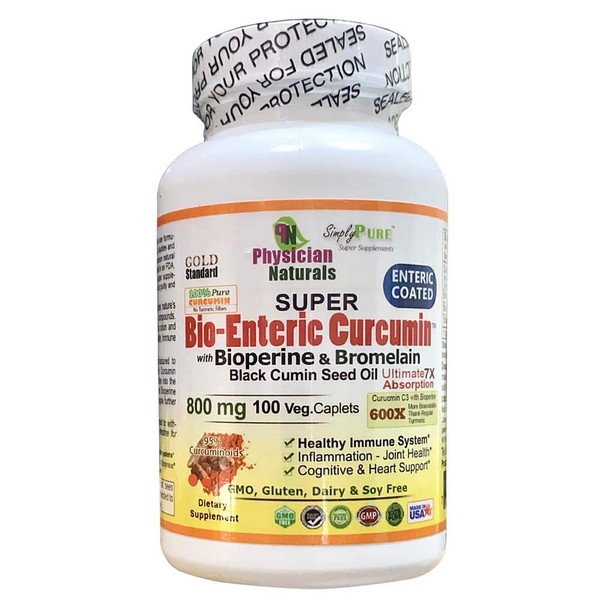 Physician Naturals Super BioEnteric Curcumin 800 mg Enteric Coated with Bioperine and Bromelain 7X Absorption 600x bioavailability Antioxidant Joints Immune Health