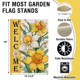 Artofy Welcome Spring Summer Floral Flower Small Decorative Garden Flag, Yellow Daffodil Eucalyptus Leaves Yard Lawn Outside Decor, Seasonal Burlap Outdoor Home Decoration Double Sided 12 x 18