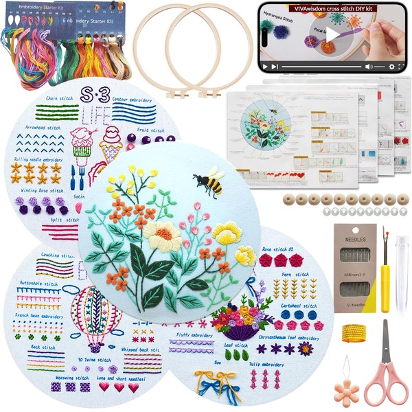 VIVAwisdom 4 Sets Beginner Cross Stitch Kits; Hand Embroidery kit