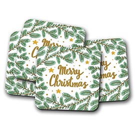 4 Set - Merry Christmas Coaster - Festive Xmas Pine Tree Gold Stars #15435