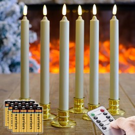 6 Pack Flameless Ivory real Wax Window Candles with 12 AA Batteries(Include, Run More Than 400 Hours) and Golden Candlebase, 10" Flickering Battery Operated LED Taper Windows Candles with Remote Timer