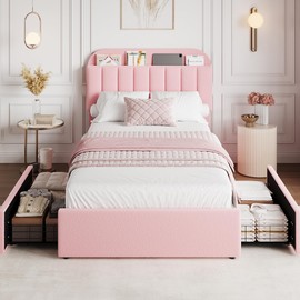 GarveeHome Pink Twin Bed Frame with Storage Headboard, Girls Bed Frame with 2 Drawers, Boucle Upholstered Platform Bed with Bookcase, No Box Spring Needed, Easy Assembly, Light Pink