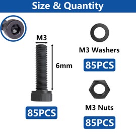 Bemaka 285PCS M3 x 6mm Screws with Nuts and Washers, Hex Socket Head Cap Screws 12.9 Grade Alloy Steel M3 Bolts with Hex Wrench