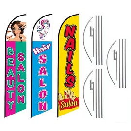 Beauty Salon, Hair Salon, Nails Salon Three Pack of Advertising Feather Banner Swooper Flag Signs with Flag Pole Kits and Ground Stakes for Businesses