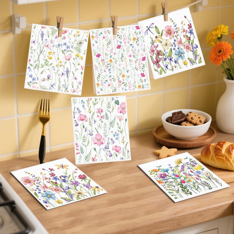 Deorfuy Swedish Dishcloths for Kitchen, 6PCS Wildflower Cellulose Sponge Reusable