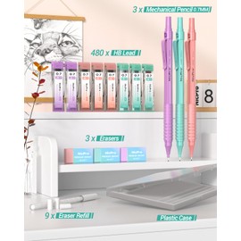 Nicpro 0.7 Metal Mechanical Pencil Set with Case, 3PCS MP1000 0.7mm Pastel Lead Pencils With 480PCS HB 2B Lead Refills, Eraser, Cute Aesthetic Mechanical Pencils for Girls Art Drafting Writing Drawing