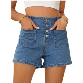 Sidefeel Women's Jean Shorts High Waisted Button Fly Stretchy Summer Denim Shorts with Pockets Dark Blue Size 8