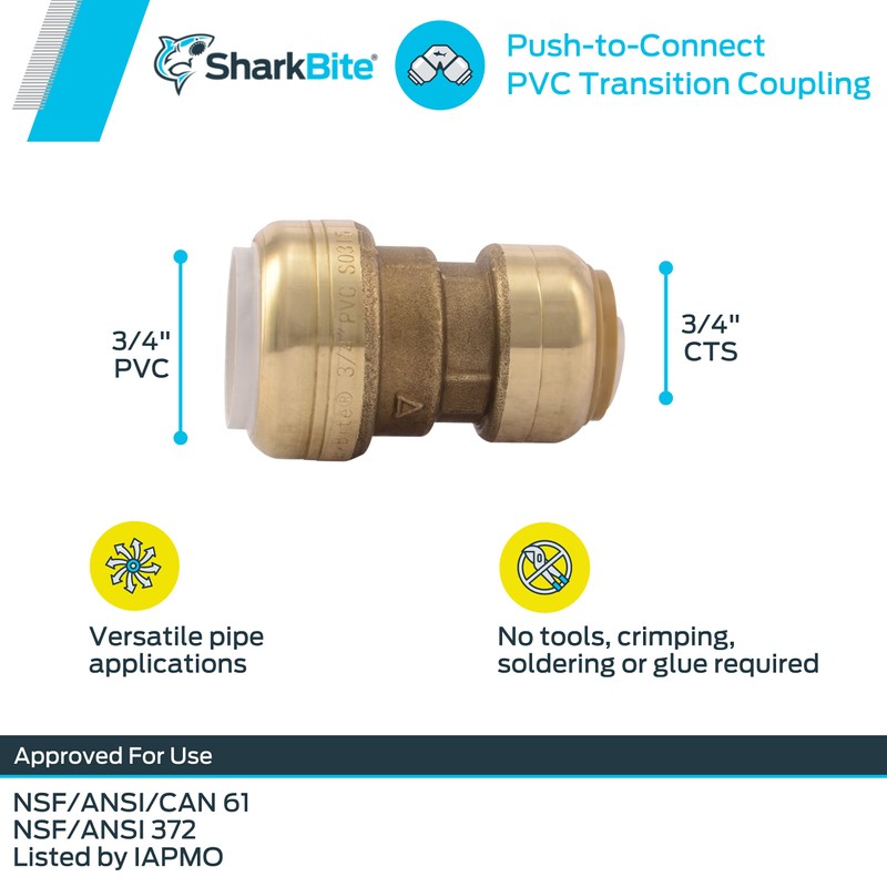 SharkBite 3/4 Inch CTS x 3/4 Inch PVC Transition Coupling,